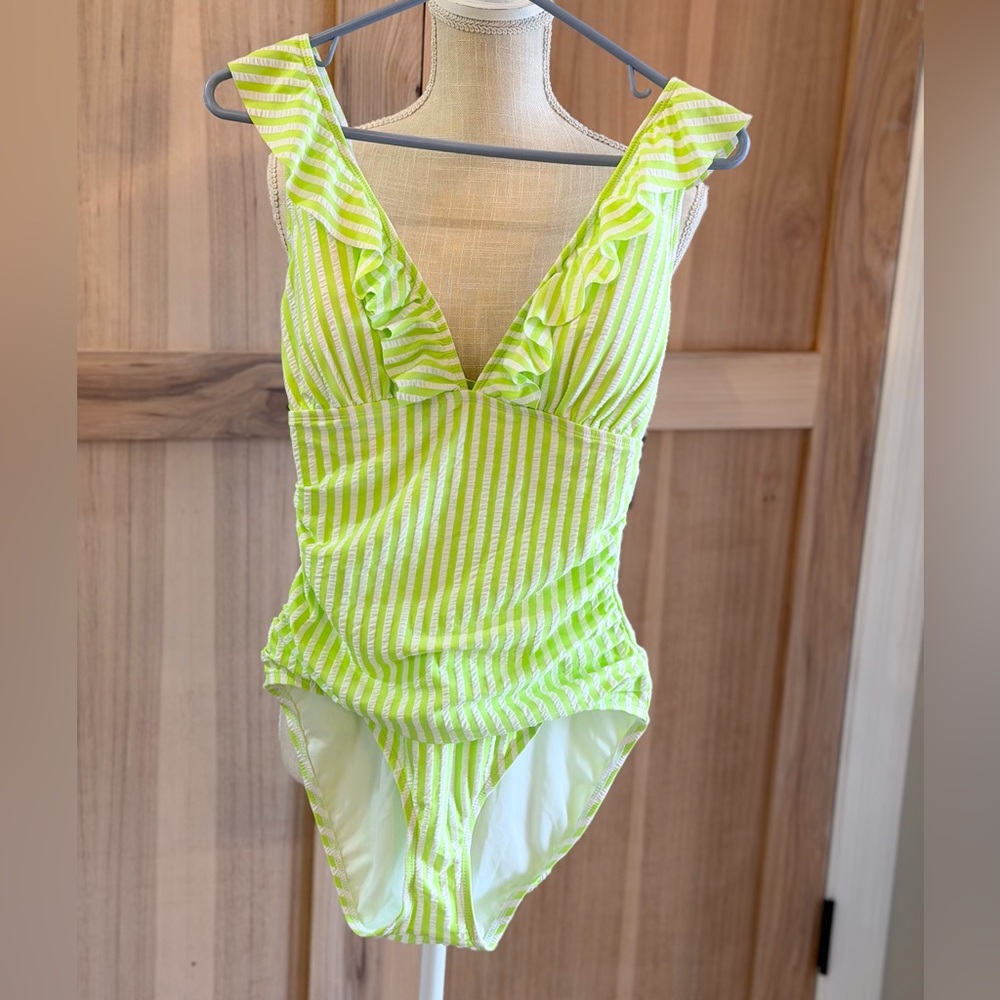 Neon Lime Striped Ruffle One-Piece Swimsuit - Women